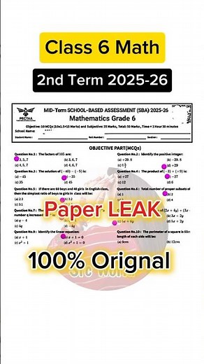 Class 6 Math Paper mid term term 2025 | Sba 6th Class ka Math ka paper 2nd term term 2025