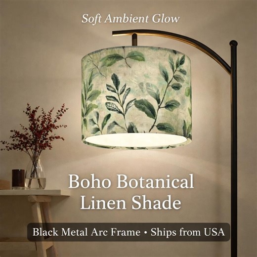 Boho Botanical Arc Floor Lamp Linen Shade, Neutral Green Leaf Lamp, Modern Living Room Lighting, Farmhouse Standing Lamp, Made in USA - Etsy