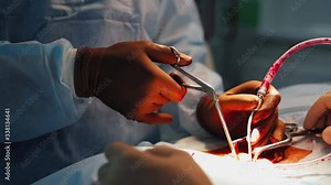 Neurosurgeons are performing operation in medical clinic. Hands of surgeon and a nurse using medical tools. Blood flow in tubes during surgery. Close-up. Stock-Video