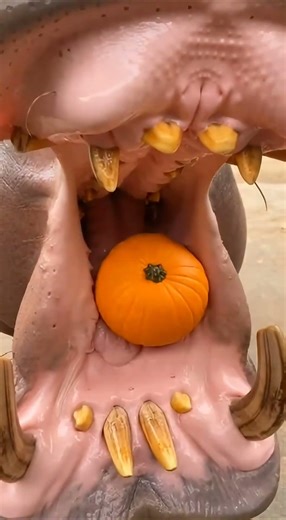 A hippo opens its huge mouth and a girl drops a pumpkin inside #hippo #wildlifemoment #safarishorts