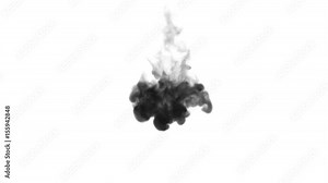 One ink flow, infusion black dye cloud or smoke, ink inject on white in slow motion. Black in water. Inky background or smoke backdrop, for ink effects use luma matte like alpha mask