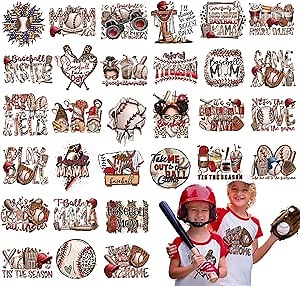 Feifeiya 30 Pcs Baseball Iron on Transfers Stickers Patches DTF Ready to Press Vinyl Western Mom Decals Baseball Mom Gifts Retro Iron on Patch Applique for T Shirt Jacket Hats Pillow DIY Decorations