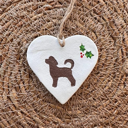 Brown Cockapoo DOG/HEART shape/ HOLLY Xmas decoration (can be personalised)