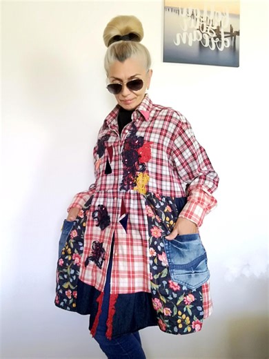 Plus Size Red Plaid Jacket Dress,2xl Boho Floral Shirtdress,patcwork Jean Duster - Etsy