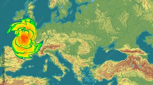 A weather map tracks Hurricane on world map. Hurricane or windstorm forecast animation on world map as seen on weather radar and satellite screen. A weather map over Europe
