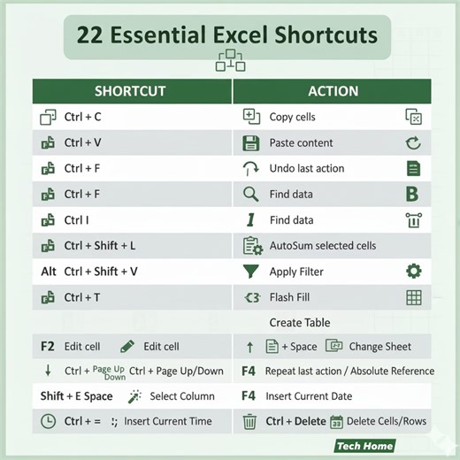 📊22 Essential Excel Shortcuts! 🤩💯 #Excel #exceltips #exceltricks #excelformulas #msexceltraining #msexceltutorials #microsoftexcel #computertraining #tipsandtricks #trendingpost #instadaily #foryouシ #TechHome | Tech Home