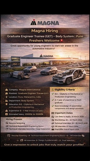 🚨 Magna International Hiring 2026 | GET (Body System) | Freshers Welcome | Pune Jobs #shortsvideo