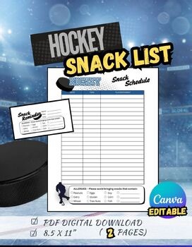 Editable HOCKEY Snack Schedule | Team Sign-Up Sheet Template | Game Day Snack Li