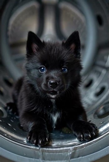 Tiny Husky inside a giant washing machine trying to escape