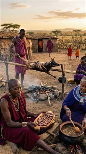Maasai Tribal Feast 🔥 Whole Goat Campfire Cooking at Sunset!