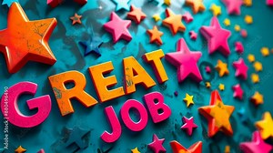 Colorful 3D stars with vibrant GREAT JOB text, celebrating achievement and success, job well done, congratulatory graphic, bright and cheerful, motivation, encouragement, blue and pink theme