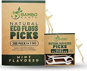 Natural Dental Floss Picks - Eco Friendly Cruelty Free & Vegan Tooth Flossers Pick Set with BPA Free Handle & Zero Waste Packaging - 200 Pack (Mint Flavored)