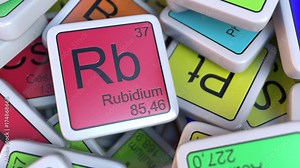 Rubidium Rb block on the pile of periodic table of the chemical elements blocks. Chemistry related intro animation
