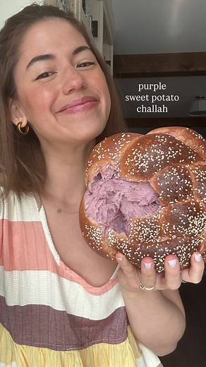 molly yeh on Instagram: "PURPLE SWEET POTATO CHALLAH 🥔🍞💜 2 medium loaves 1 large (10-ish oz) purple sweet potato 4 c (520g) bread flour 3 tb (38g) sugar 2 ¼ tsp instant yeast 1 ½ tsp kosher salt 2 tb (42g) honey ⅓ c (66g) neutral oil ¾ c (180g) cool water 2 large eggs egg wash: 1 egg beaten w/ 1 tb honey + a splash of water sesame seeds and flaky salt, for sprinkling poke potato all over with a fork and microwave until soft, about 5-7 minutes. this is a good time to combine the flour, sugar,