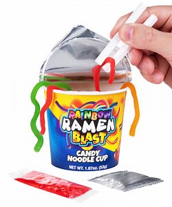 Rainbow Ramen Candy: A cup of gummy noodles with candy toppings!