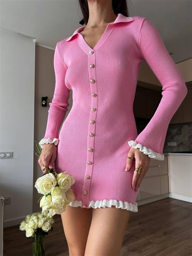 Pink Ruffle Ribbed Knit Mini Dress Honeymoon Outfit Bridal Bachelorette Birthday Bachelorette Party - Etsy