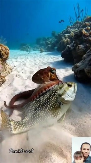An octopus carrying its prey was surprised by the arrival of a barracuda. #octopus #fish #barracuda