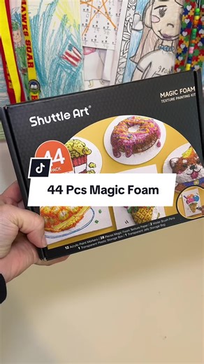 44 Pcs Magic Foam Texture Painting Kit, Including 28 Pcs Foam Texture Paper, 12 Colors Brush Tip Automatic Ink Control Acrylic Paint Markers. #magic #foam #3d #paint #paintmarker