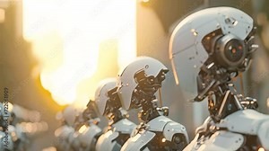 a formation of white robots with artificial intelligence. A robot army. Generative AI Stock Video