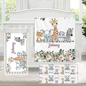 Personalized Crib Bedding Set, 3 Pcs Custom Baby Crib Sets with Baby Name, Giraffe Elephant Zebra Nursery Bedding Set, Crib Bedding Sets for Boys Girls, Customized Gift for Toddler Infant