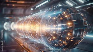 Closeup of a large particle accelerator, with intense beams of particles colliding to produce tiny explosions of antimatter.