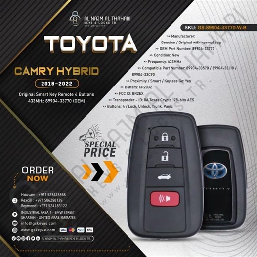 2018-2022 Original Toyota Camry Hybrid Smart Key Remote 4 Button 433MHz 89904-33770 (OEM).