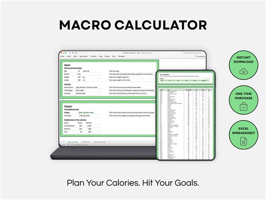 Macro Calculator Excel | Calorie Calculator   Meal Planner | Macro Tracker Spreadsheet | Weight Loss & Muscle Gain - Etsy