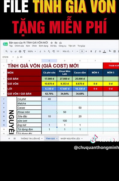 Tặng File Tính giá vốn - lời lỗ món bán cho anh chị chủ quán #googlesheet #excel #file #trending #viral
