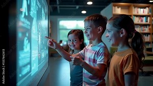 Happy children learning with interactive digital screen technology in a modern library.