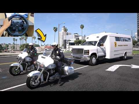GTA 5 Riding NYPD Police Motorcycle Escorting Prison Bus - Steering Wheel Gameplay