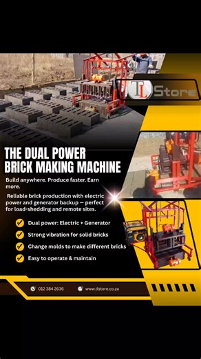 Meet our Dual Power Brick Making Machine 💪 Built to work when others stop. 🔹 2 Powerful Vibrating Motors 🔹 Built-in Generator – work even during power cuts 🔹 Makes Maxi Bricks, Blocks, Stock Bricks & Paving 🔹 Strong, reliable, and made for real production Whether you’re starting small or scaling up, this machine delivers. 📍 Available at TL Store 🌐 Visit: tlstore.co.za 📞 Contact us for pricing & delivery across South Africa Helping you make bricks — one brick at a time. #BrickMaking #Bric