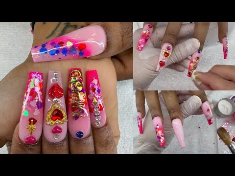 Long ENCAPSULATED nails with glitter and charm decoration| Acrylic Nails Tutorial Step by Step 4k