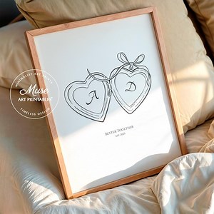 Personalized Heart Locket Couple Print, Custom Initials Retro Illustration, Wedding Gift (canva Template) - Etsy