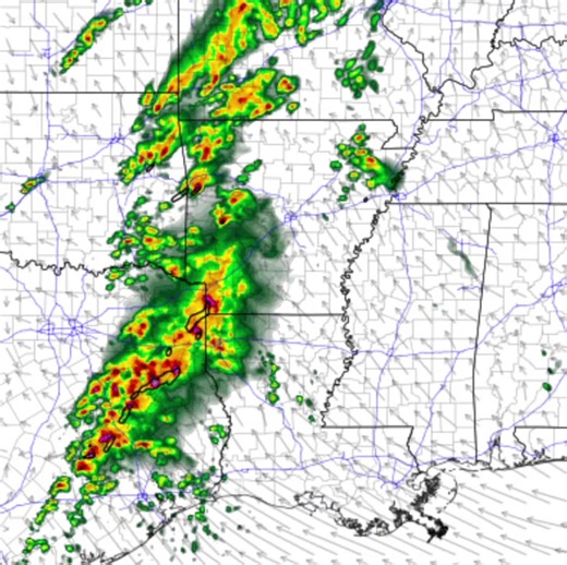 Simulated radar (7 pm to 3 am CDT) shows scattered strong/severe t-storms in eastern OK moving into northwest AR this evening. Farther east, it appears storms will struggle given a more stable atmosphere. Severe weather is likely from eastern TX into LA and far southern AR. | US National Weather Service Little Rock Arkansas