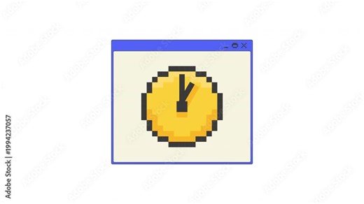 Analog clock pixel art pop-up window UI overlay animation. Time tracking. Schedule system ticking. Productivity widget. Timer control. Blocky interface element motion. Retro 8bit UX design 4K video