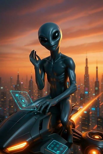 Alien Rides the Cyber City Sky on Futuristic Drone Bike