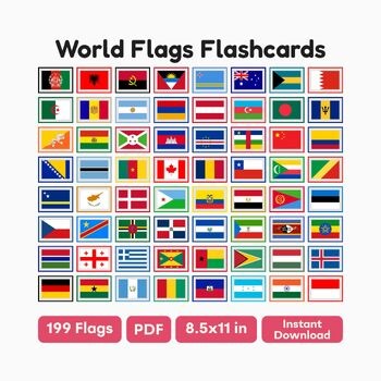 World Flags Flashcards Printable PDF Style 2 - 199 Country Flags Geography Card