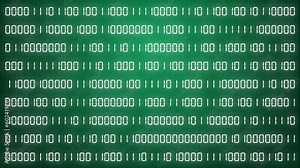 Simple binary code on green digital background with pixel. Changing numbers zero and one on screen. Abstract motion graphics.