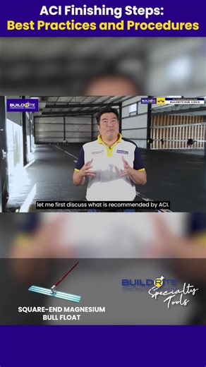 ACI FINISHING STEPS: BEST PRACTICES AND PROCEDURES Uneven concrete surfaces, slow finishing time, and surface damage often happen when hand floats or darby are used on large concrete slabs. When the slab is still fresh and not safe to walk on, improper initial floating can lead to inconsistent finishes and results that don’t meet ACI concrete finishing standards—costing both time and quality on site. Following ACI recommendations, initial floating using the Buildrite Specialty Tools Square-End M
