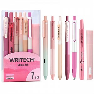 WRITECH Gel Pens Journaling Highlighters: Journal Set Aesthetic Assorted Pastel Color Ink 0.5mm Fine Point Retractable 0.7mm Black Pen Smooth Writing Drawing No Bleed 7ct (Pink)