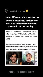 Swartz helped define the syntax of the lightweight markup language format Markdown, and was a co-owner of the social news aggregation website Reddit and contributed to its development until he left the company in 2007. He is often credited as a martyr and a prodigy, and much of his work focused on civic awareness and progressive activism. | Morbid Curiosity