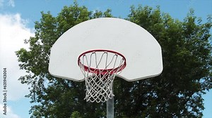 straight on from front of outdoor basketball net with white backboard and mesh with silver post protruding from its back, tree and sky in background