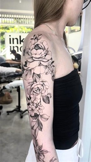 Black & Grey Floral Sleeve Tattoo | Elegant Botanical Design