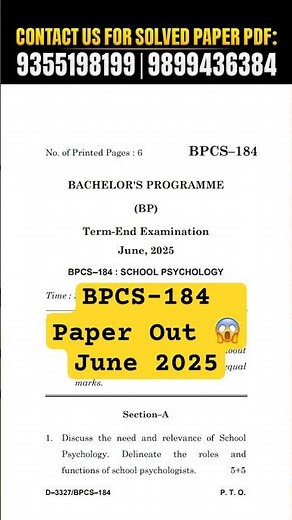 BPCS 184 Solved Question Paper June 2025 | BPCS 184 Important Questions School Psychology IGNOU