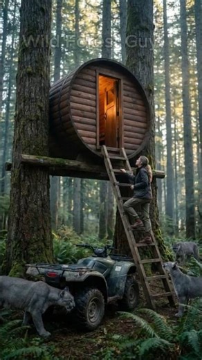 Barrel Cabin in the Wild 🔥 ASMR Forest Mountain Lions Outside, Fire Crackling Inside