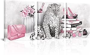 Visual Art Decor Pink Wall Decor Glam Fashion Room Decor Leopard Cheetah Decor Painting Bedroom Wall Decor for Women Framed Canvas Prints Ready to Hang 16inx20inx3Pieces