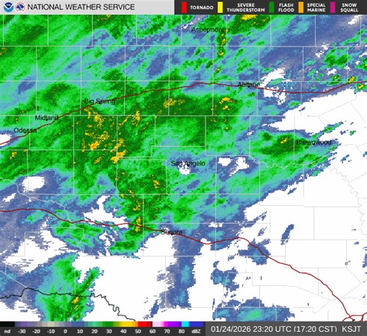A combination of light to moderate sleet, snow and freezing rain will increase across the area this evening into the overnight hours. Freezing rain and sleet will be confined mainly to the I-10 corridor, with sleet and snow expected elsewhere. Travel is highly discouraged. | US National Weather Service Abilene/San Angelo Texas