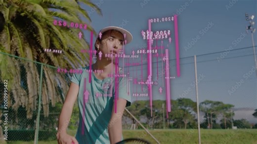 Woman tennis player bouncing ball, serving to far side, pink data bars overlay player tracking tech