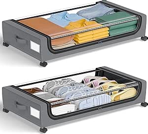 GoMaihe Under Bed Storage with Wheels: XXL Underbed Storage Containers with Lids - Rolling Bins for Shoes Clothes in Dorm Bedroom - Metal Drawers Easy Pull-out Grey 2-Pack
