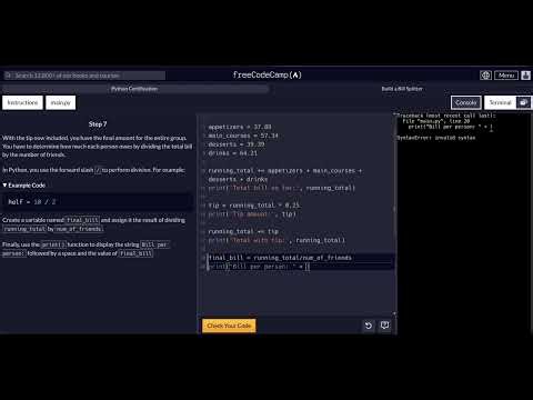 FreeCodeCamp - Python Project - Step 7 to 8 - Build a Bill Splitter